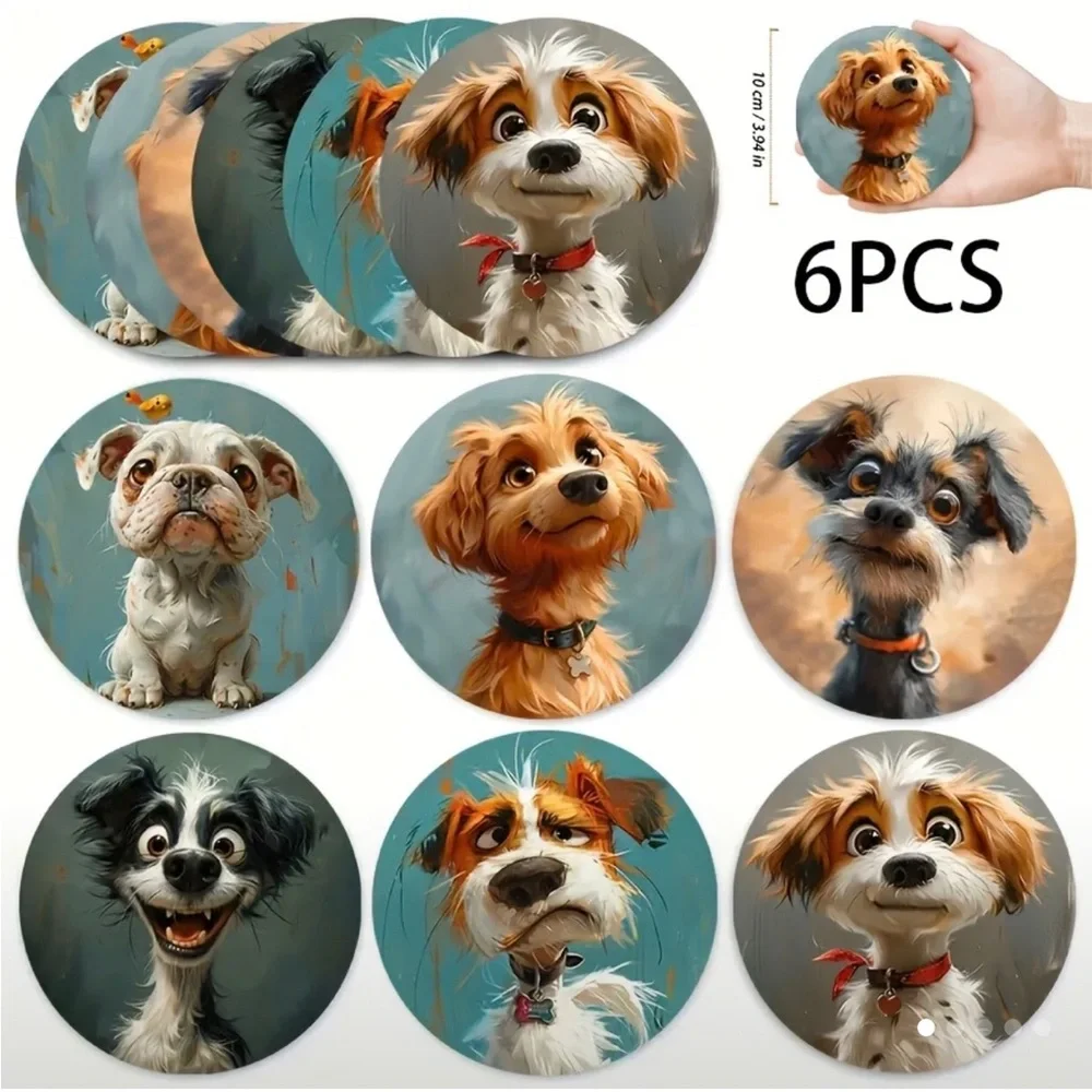 Funny Assorted Breed Dog Faces Wooden Coasters,  Set of 6